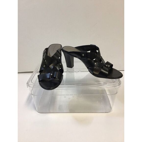 Tahari‎ Black Leather Becca Heeled Slip On Sandals Women's Size 6.5 M - Picture 1 of 5